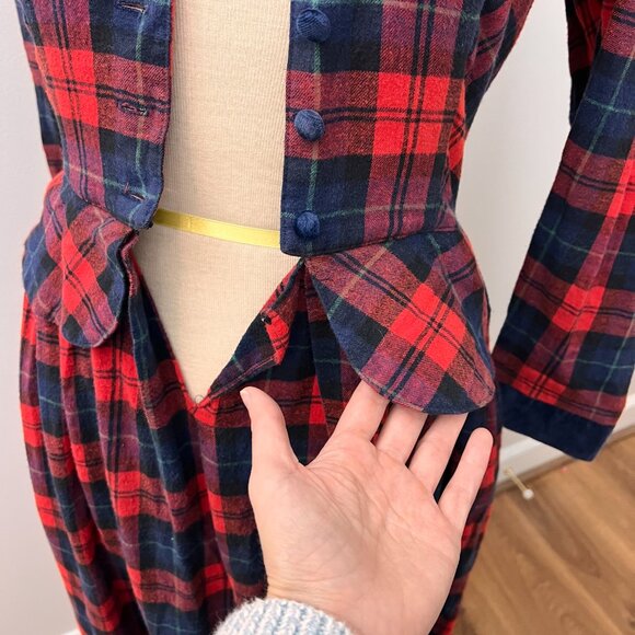 Vintage Lanz Originals 80s Red Plaid Velvet Trim Peplum Tartan Dress Sz XS - Picture 11 of 15
